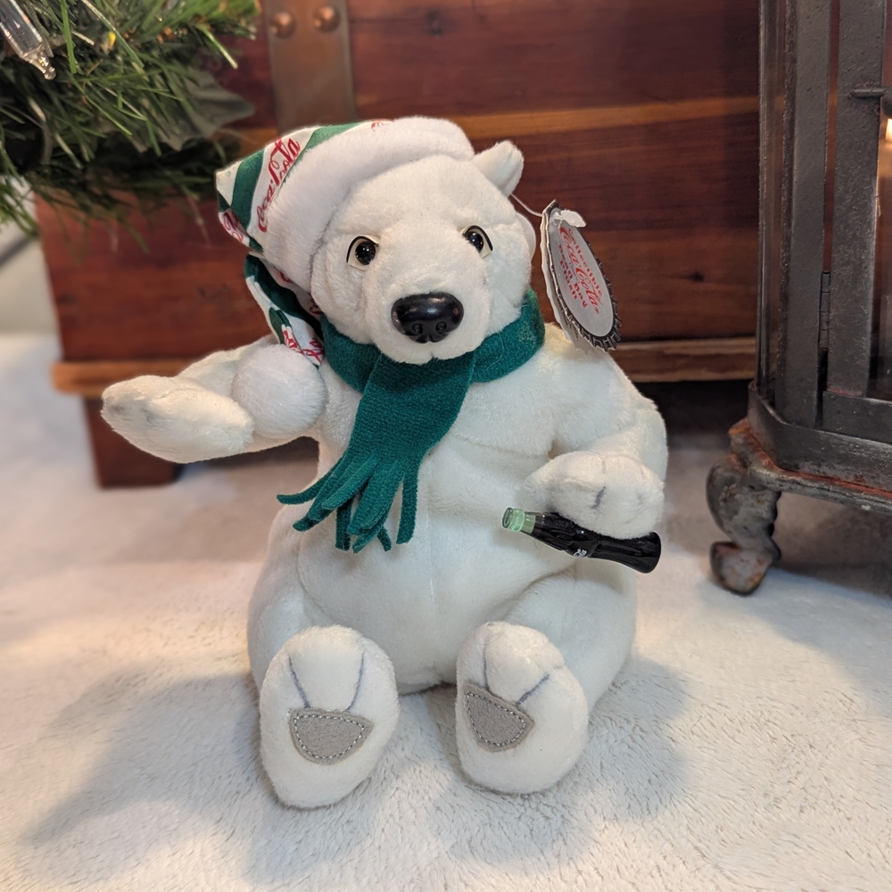 1999 Vintage Coca Cola White Polar Bear Plush with Green Scarf and Holiday Hat